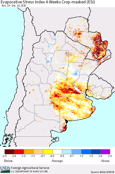 Southern South America Evaporative Stress Index (ESI), 4-Weeks over Croplands Thematic Map For 12/14/2020 - 12/20/2020