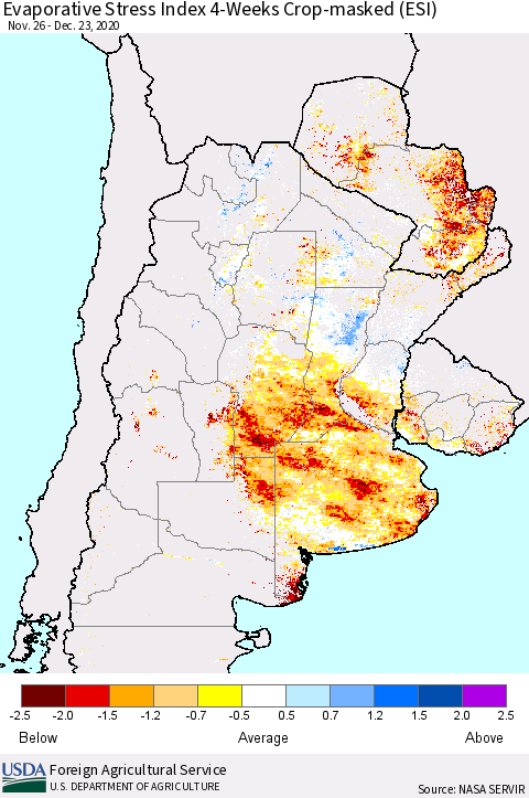 Southern South America Evaporative Stress Index (ESI), 4-Weeks over Croplands Thematic Map For 12/21/2020 - 12/27/2020