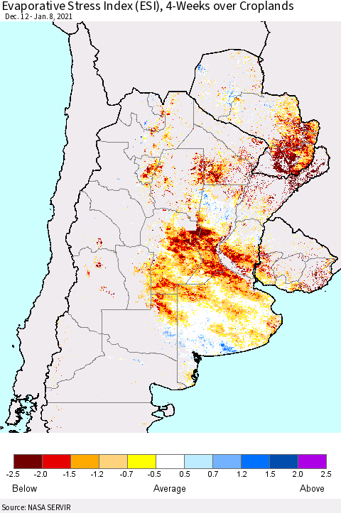 Southern South America Evaporative Stress Index (ESI), 4-Weeks over Croplands Thematic Map For 1/4/2021 - 1/10/2021