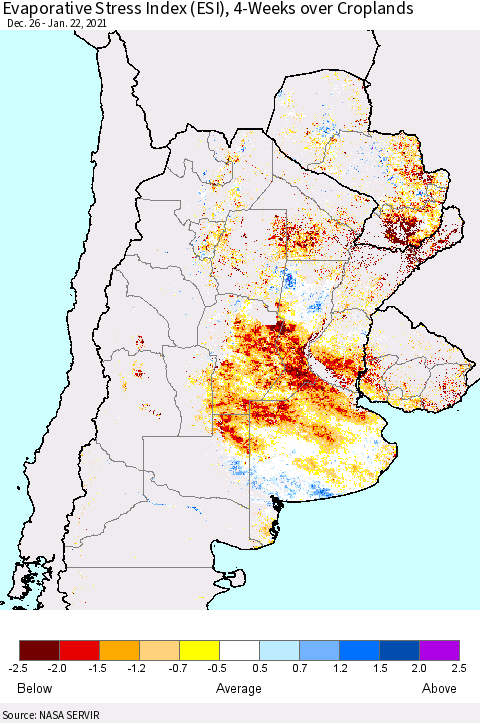 Southern South America Evaporative Stress Index (ESI), 4-Weeks over Croplands Thematic Map For 1/18/2021 - 1/24/2021