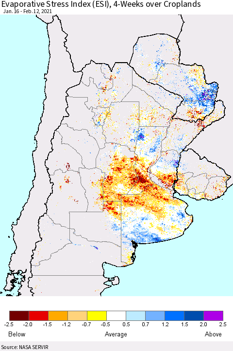 Southern South America Evaporative Stress Index (ESI), 4-Weeks over Croplands Thematic Map For 2/8/2021 - 2/14/2021
