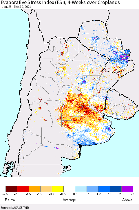 Southern South America Evaporative Stress Index (ESI), 4-Weeks over Croplands Thematic Map For 2/15/2021 - 2/21/2021