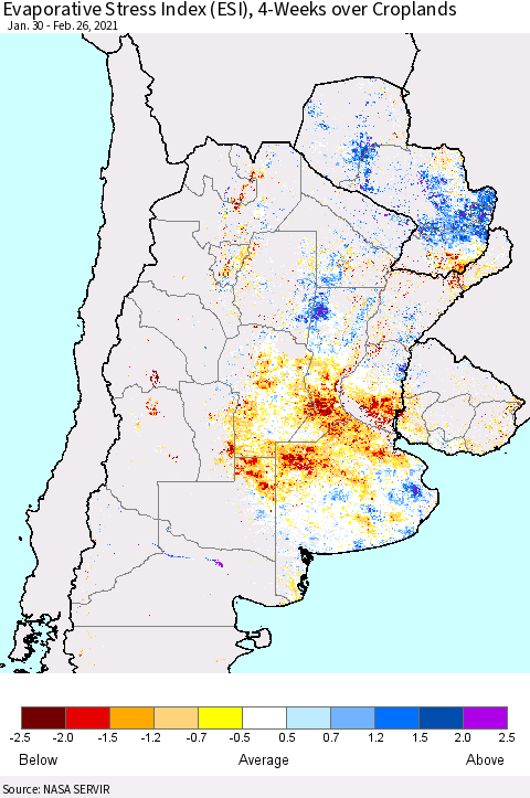 Southern South America Evaporative Stress Index (ESI), 4-Weeks over Croplands Thematic Map For 2/22/2021 - 2/28/2021