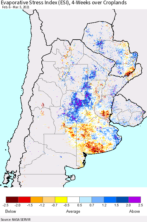 Southern South America Evaporative Stress Index (ESI), 4-Weeks over Croplands Thematic Map For 3/1/2021 - 3/7/2021
