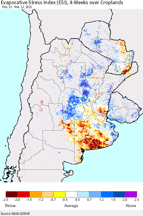 Southern South America Evaporative Stress Index (ESI), 4-Weeks over Croplands Thematic Map For 3/8/2021 - 3/14/2021