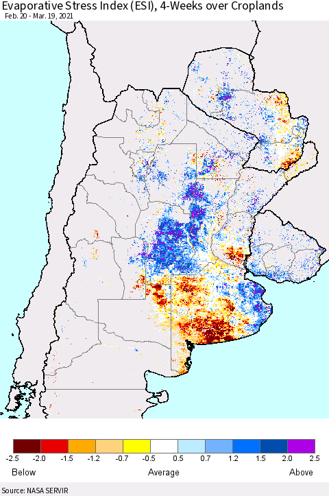 Southern South America Evaporative Stress Index (ESI), 4-Weeks over Croplands Thematic Map For 3/15/2021 - 3/21/2021