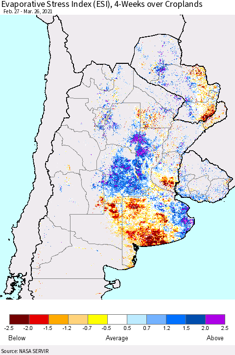 Southern South America Evaporative Stress Index (ESI), 4-Weeks over Croplands Thematic Map For 3/22/2021 - 3/28/2021