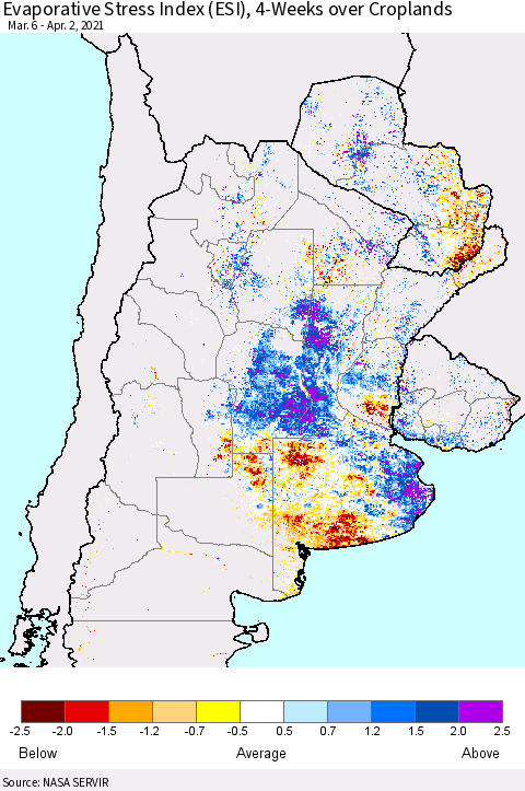 Southern South America Evaporative Stress Index (ESI), 4-Weeks over Croplands Thematic Map For 3/29/2021 - 4/4/2021