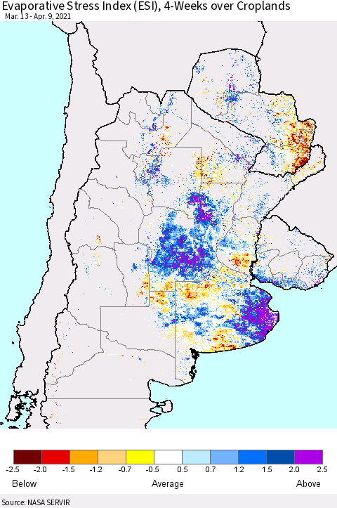 Southern South America Evaporative Stress Index (ESI), 4-Weeks over Croplands Thematic Map For 4/5/2021 - 4/11/2021