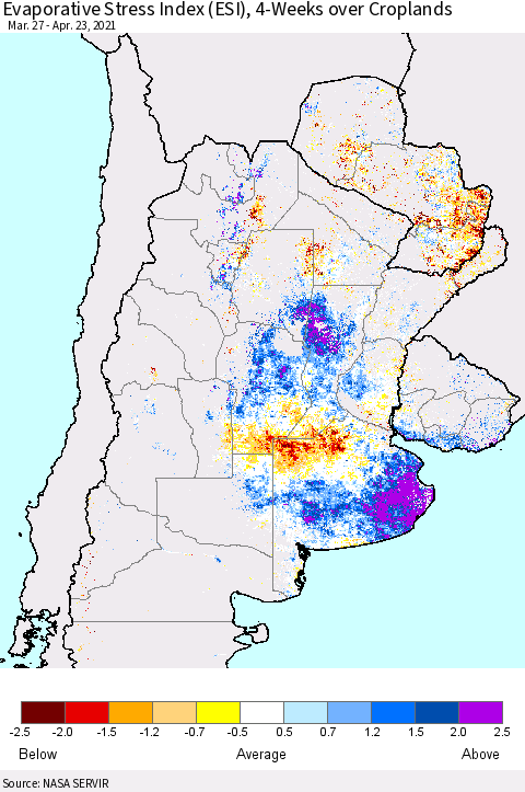 Southern South America Evaporative Stress Index (ESI), 4-Weeks over Croplands Thematic Map For 4/19/2021 - 4/25/2021