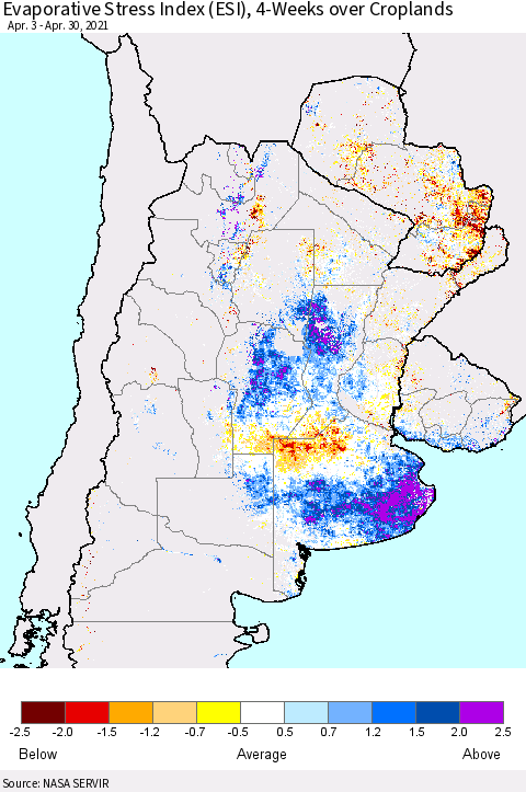Southern South America Evaporative Stress Index (ESI), 4-Weeks over Croplands Thematic Map For 4/26/2021 - 5/2/2021
