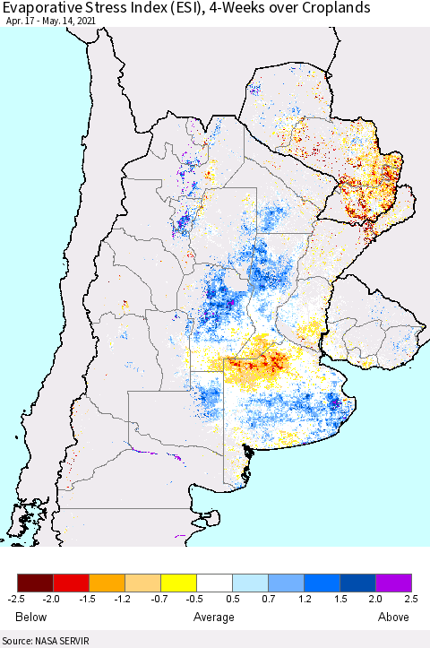 Southern South America Evaporative Stress Index (ESI), 4-Weeks over Croplands Thematic Map For 5/10/2021 - 5/16/2021