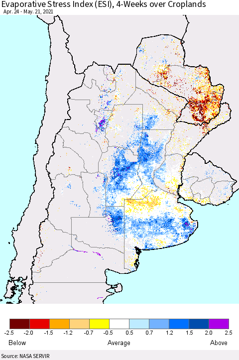 Southern South America Evaporative Stress Index (ESI), 4-Weeks over Croplands Thematic Map For 5/17/2021 - 5/23/2021