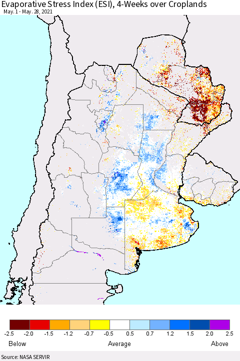 Southern South America Evaporative Stress Index (ESI), 4-Weeks over Croplands Thematic Map For 5/24/2021 - 5/30/2021