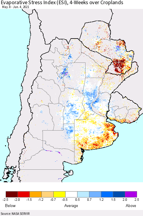 Southern South America Evaporative Stress Index (ESI), 4-Weeks over Croplands Thematic Map For 5/31/2021 - 6/6/2021