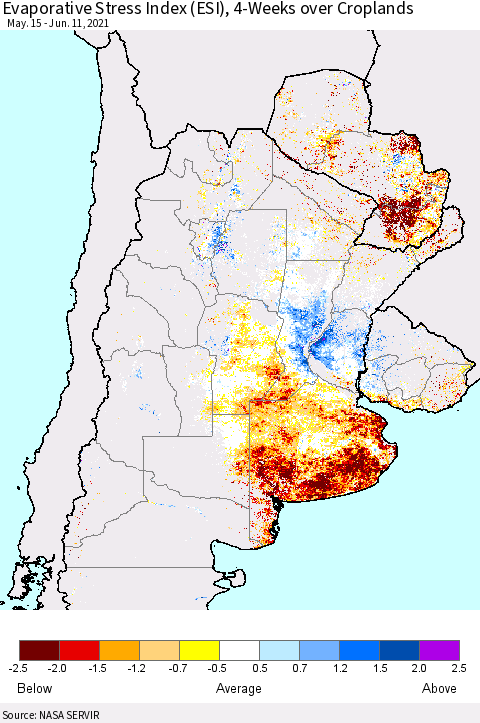 Southern South America Evaporative Stress Index (ESI), 4-Weeks over Croplands Thematic Map For 6/7/2021 - 6/13/2021