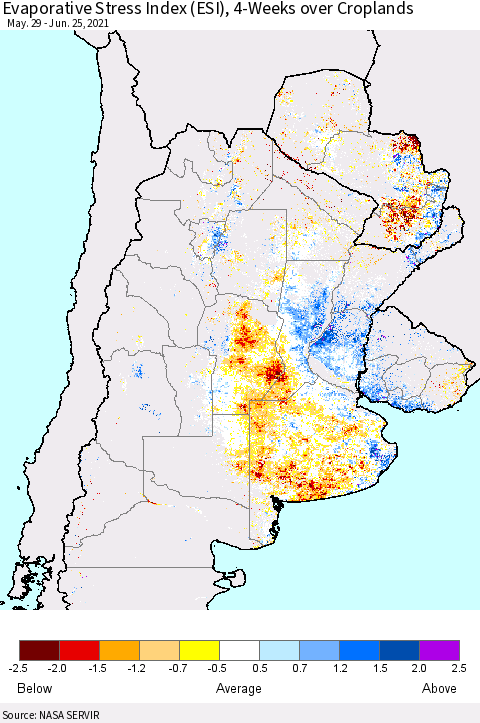 Southern South America Evaporative Stress Index (ESI), 4-Weeks over Croplands Thematic Map For 6/21/2021 - 6/27/2021