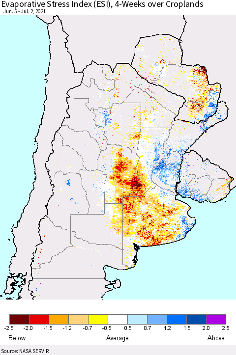 Southern South America Evaporative Stress Index (ESI), 4-Weeks over Croplands Thematic Map For 6/28/2021 - 7/4/2021