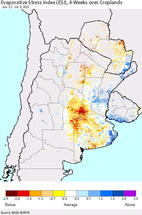 Southern South America Evaporative Stress Index (ESI), 4-Weeks over Croplands Thematic Map For 7/5/2021 - 7/11/2021