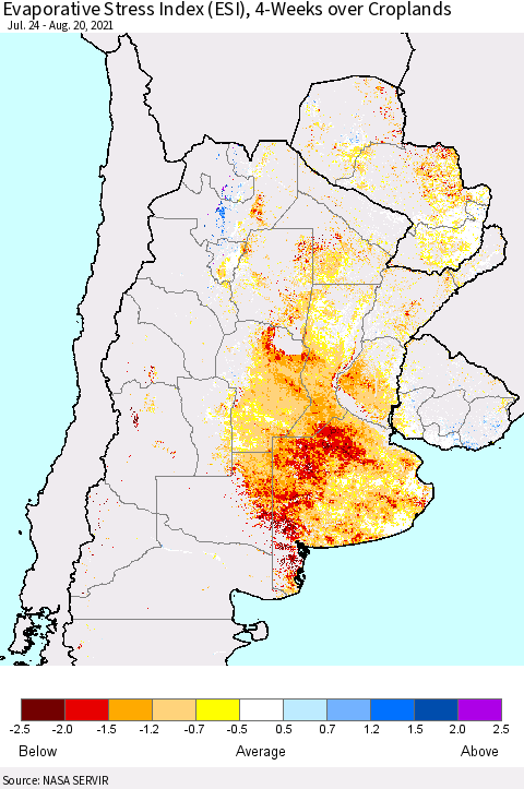 Southern South America Evaporative Stress Index (ESI), 4-Weeks over Croplands Thematic Map For 8/16/2021 - 8/22/2021