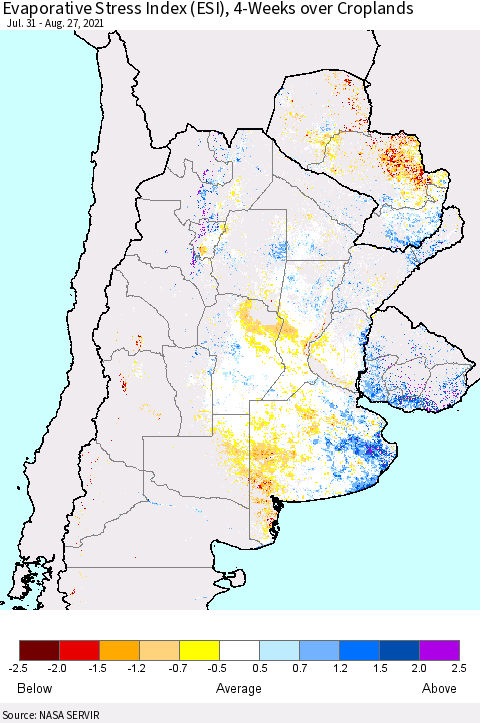 Southern South America Evaporative Stress Index (ESI), 4-Weeks over Croplands Thematic Map For 8/23/2021 - 8/29/2021