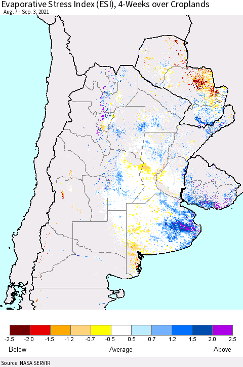 Southern South America Evaporative Stress Index (ESI), 4-Weeks over Croplands Thematic Map For 8/30/2021 - 9/5/2021