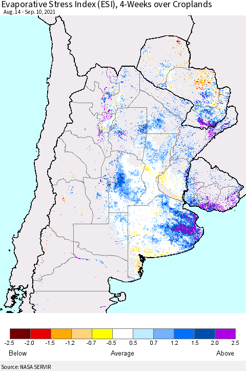 Southern South America Evaporative Stress Index (ESI), 4-Weeks over Croplands Thematic Map For 9/6/2021 - 9/12/2021
