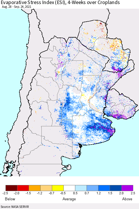 Southern South America Evaporative Stress Index (ESI), 4-Weeks over Croplands Thematic Map For 9/20/2021 - 9/26/2021