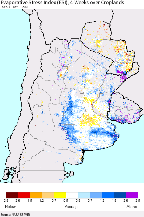 Southern South America Evaporative Stress Index (ESI), 4-Weeks over Croplands Thematic Map For 9/27/2021 - 10/3/2021