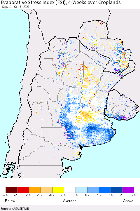 Southern South America Evaporative Stress Index (ESI), 4-Weeks over Croplands Thematic Map For 10/4/2021 - 10/10/2021