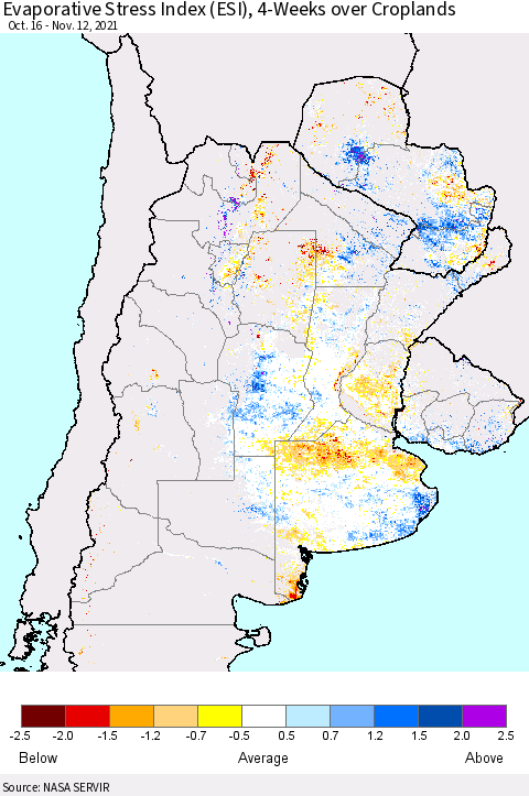 Southern South America Evaporative Stress Index (ESI), 4-Weeks over Croplands Thematic Map For 11/8/2021 - 11/14/2021