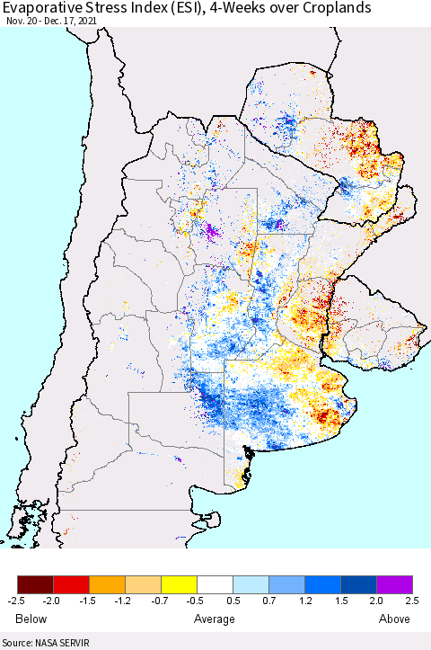 Southern South America Evaporative Stress Index (ESI), 4-Weeks over Croplands Thematic Map For 12/13/2021 - 12/19/2021