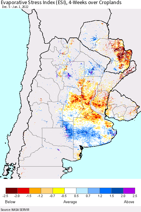 Southern South America Evaporative Stress Index (ESI), 4-Weeks over Croplands Thematic Map For 12/27/2021 - 1/2/2022