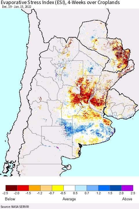 Southern South America Evaporative Stress Index (ESI), 4-Weeks over Croplands Thematic Map For 1/10/2022 - 1/16/2022
