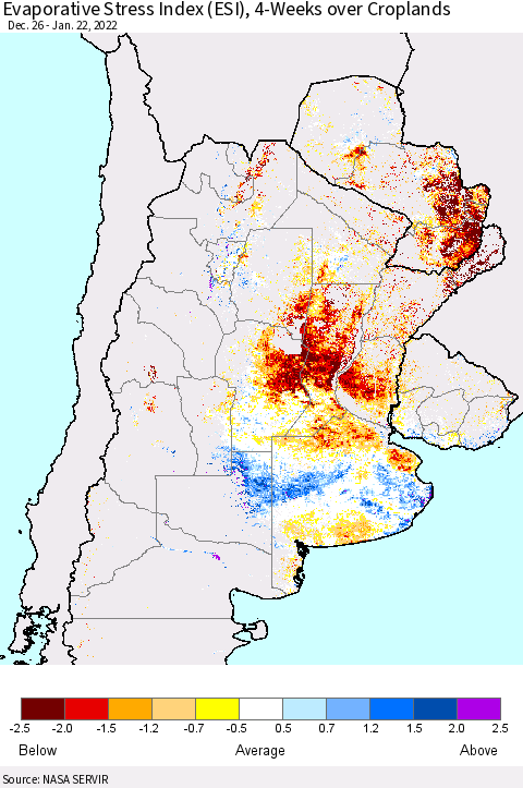 Southern South America Evaporative Stress Index (ESI), 4-Weeks over Croplands Thematic Map For 1/17/2022 - 1/23/2022