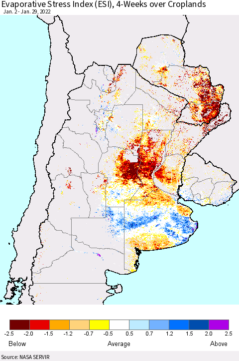 Southern South America Evaporative Stress Index (ESI), 4-Weeks over Croplands Thematic Map For 1/24/2022 - 1/30/2022