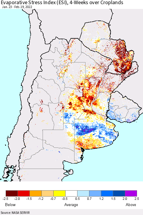 Southern South America Evaporative Stress Index (ESI), 4-Weeks over Croplands Thematic Map For 2/14/2022 - 2/20/2022
