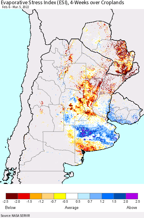 Southern South America Evaporative Stress Index (ESI), 4-Weeks over Croplands Thematic Map For 2/28/2022 - 3/6/2022