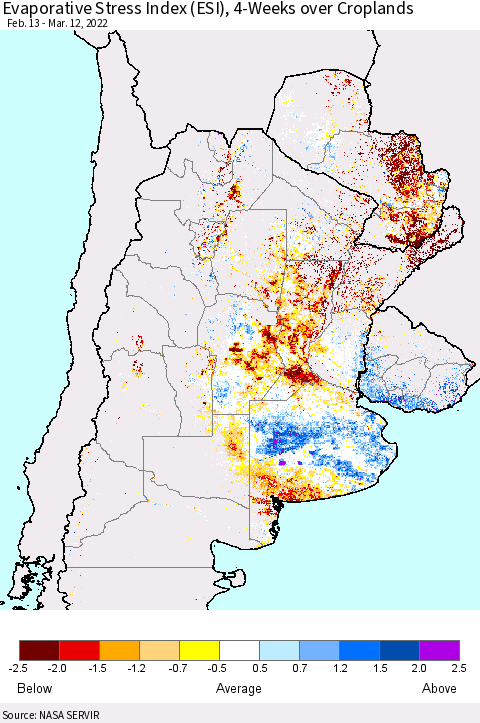 Southern South America Evaporative Stress Index (ESI), 4-Weeks over Croplands Thematic Map For 3/7/2022 - 3/13/2022