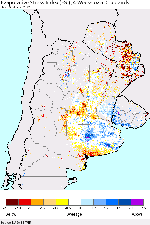 Southern South America Evaporative Stress Index (ESI), 4-Weeks over Croplands Thematic Map For 3/28/2022 - 4/3/2022