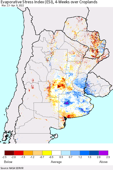 Southern South America Evaporative Stress Index (ESI), 4-Weeks over Croplands Thematic Map For 4/4/2022 - 4/10/2022