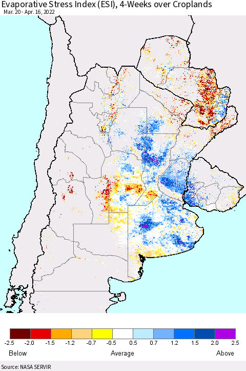 Southern South America Evaporative Stress Index (ESI), 4-Weeks over Croplands Thematic Map For 4/11/2022 - 4/17/2022