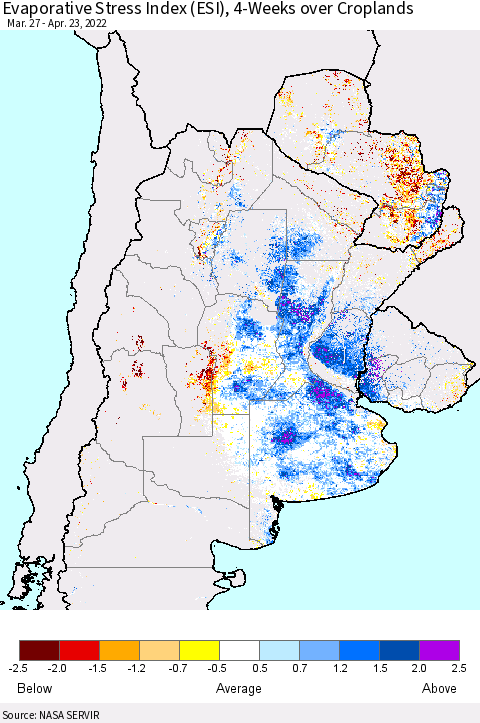 Southern South America Evaporative Stress Index (ESI), 4-Weeks over Croplands Thematic Map For 4/18/2022 - 4/24/2022