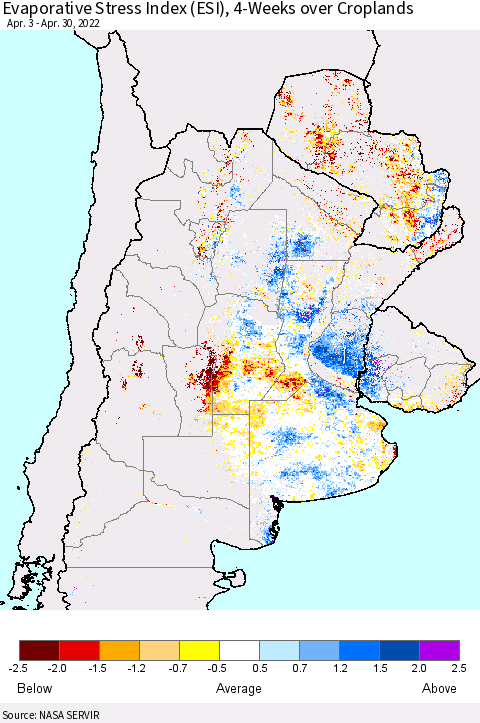 Southern South America Evaporative Stress Index (ESI), 4-Weeks over Croplands Thematic Map For 4/25/2022 - 5/1/2022