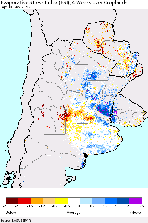 Southern South America Evaporative Stress Index (ESI), 4-Weeks over Croplands Thematic Map For 5/2/2022 - 5/8/2022