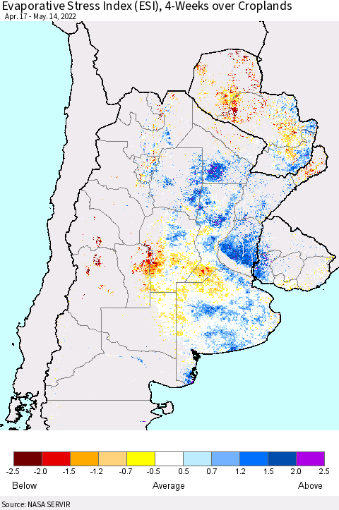 Southern South America Evaporative Stress Index (ESI), 4-Weeks over Croplands Thematic Map For 5/9/2022 - 5/15/2022