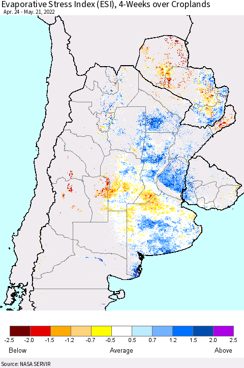 Southern South America Evaporative Stress Index (ESI), 4-Weeks over Croplands Thematic Map For 5/16/2022 - 5/22/2022