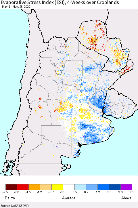 Southern South America Evaporative Stress Index (ESI), 4-Weeks over Croplands Thematic Map For 5/23/2022 - 5/29/2022