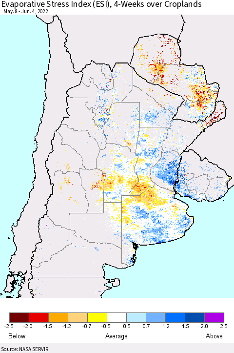 Southern South America Evaporative Stress Index (ESI), 4-Weeks over Croplands Thematic Map For 5/30/2022 - 6/5/2022