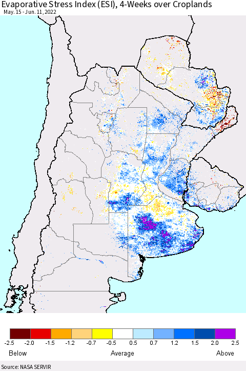 Southern South America Evaporative Stress Index (ESI), 4-Weeks over Croplands Thematic Map For 6/6/2022 - 6/12/2022